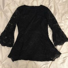 Nwot Im Nyc Black Lace Lined Blouse Xs Chic Black Blouse With Bell Sleeves, Casual Bell Sleeve Blouse For Party, Elegant Stretch Bell Sleeve Tops, Elegant Black Bell Sleeve Tops, Fitted Black Lace Blouse, Casual Party Tops With Bell Sleeves, Fitted Bell Sleeve Blouse, Formal Black Lace Top, Black Bell Sleeve Blouse For Party