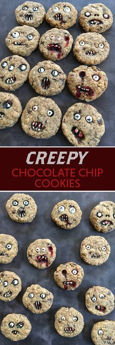 creepy chocolate chip cookies with eyes and mouths