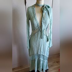 Nwt Crepe & Lace Dress. Plunge Neck With Bow. Great Wedding Party Dress. No Lining Or Underslip. Cruelty Free. Non-Smoking, No Pet Home. Mint Green Color. Back Zip. Box#12 Long Party Dress With Lace Trim, Bohemian Maxi Dress For Spring Night Out, Elegant Spring Maxi Dress With Open Front, Fitted Open Front Dress For Spring, Elegant Long Dress For Festival, Spring Party Maxi Dress With Open Front, Spring Open Front Maxi Dress For Party, Spring Evening Open Front Maxi Dress, Backless Dress For Spring Festival