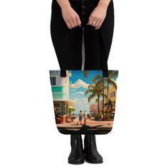 Stay stylish and organized on the go with our spacious tote bag, now with FREE SHIPPING to the US, Canada, EU, and UK! The artwork Experience the magic of Miami Beach in this stunning artwork that showcases the art deco style and the vibrant culture of the city. From the palm trees to the classic cars, this piece transports you to a sunny paradise where anything is possible. The tote bag This tote bag is both trendy and practical and is perfect for carrying all your essentials with style and com Artistic Rectangular Shopping Bag, Artistic Rectangular Shopping Bags, Artistic Rectangular Shoulder Bag For Travel, Artistic Shoulder Bag For Travel, Artistic Large Capacity Shoulder Bag For Travel, Artistic Tote Shoulder Bag For Travel, Artistic Rectangular Shoulder Bag With Artwork, Stile Art, Unique Tote Bag