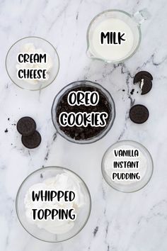 oreo cookies and whipped toppings in glass bowls