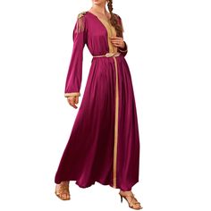 Inspired by the fashions of the Middle East, our Elegant Satin Kaftan Dress is a dreamy piece perfect for formal occasions. Made with a luxurious silky satin fabric, this dress features tasseled shoulder embellishments, a beautifully gathered full-length skirt, and a dainty waist tie. Wear with gold heels and matching jewelry for a fabulous look. Festive Long Sleeve Dress With Tassels, Long Festive Dress With Tassels, Long Festive Dresses With Tassels, Festive Long Dress With Tassels, Elegant Long Dress With Tassels, Party Dress With Tassels For Eid, Party Dresses With Tassels For Eid, Tassel Dress For Eid Party, Long Sleeve Satin Dress For Eid