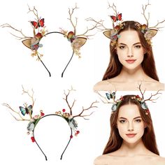 PRICES MAY VARY. You will receive 2 pack Reindeer Antlers Horn Headbands in different style. A wonderful cosplay headband for women and girls, perfect costume accessory for Halloween, cospaly, costume party, masquerade, performance, carnival, photo, etc. The headband is elastic, one size fits most adults and children. Great decoration for taking selfies and photos with families and friends. The reindeer headband in delicate workmanship, crown headband is handmade from like berries, leaves and sp Woodland Fairy Costume Women, Enchanted Forest Costume Ideas, Dnd Props, Cosplay Headband, Woodland Fairy Costume, Fairy Costume Women, Frozen Costumes, Antler Flower, Antlers Headband