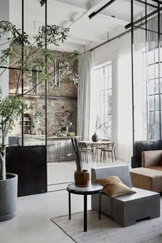 a living room filled with furniture next to a tall glass wall covered in plants and potted trees