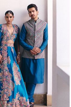 Blue bundi with floral geometric resham thread embroidery. Paired with a kurta and pant. - Aza Fashions Blue Bollywood Nehru Jacket With Intricate Embroidery, Blue Nehru Jacket With Intricate Embroidery For Diwali, Diwali Blue Nehru Jacket With Intricate Embroidery, Mrunalini Rao, Nehru Jackets, Band Collar, Embroidered Silk, Raw Silk, Aza Fashion