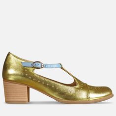 gold mary jane shoes - Julia Bo Gold Mary Janes, Gold Decorations, Custom Made Shoes, Gardening Outfit, Mary Jane Shoes Womens, Cute Heels, Blue Soft, Crystal Blue, Chunky Block Heels