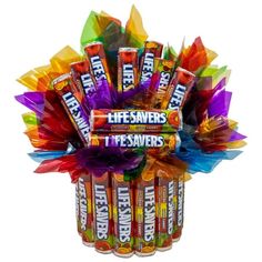 a bouquet of life savers candy in a gift box