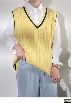 Fisdy - Academy Leader Knitted Sleeveless Vest, Loose-Fitting and Wide, with Twisted Knit Design, Perfect for Layering Knitted Sleeveless Vest, Sleeveless Knitted Vest, Cable Knit Vest, Oversized Vest, Preppy Clothes, Sleeveless Sweater Vest, Sweater Layering, Knitted Vest, Yellow Knit