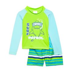 2 Piece Set; Short-Sleeved Rash Guard With Contrast Stitching And Graphic, And Allover Print Swim Shorts. (92% Polyester, 8% Spandex) Light Blue Long Sleeve Sets For Summer, Fun Fitted Blue Set, Cute Blue Beachwear Set, Cute Blue Beach Set, Playful Blue School Sets, Playful Blue Crew Neck Sets, Cute Blue School Sets, Long Sleeve Swimming Sets For Spring, Playful Stretch Blue Top