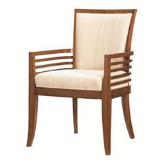 the arm chair is made from wood and has beige fabric on it, with a white upholstered seat