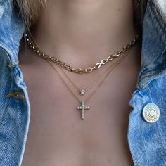 14K Gold Pave Diamond Cross Necklace. Wear it solo or as layered jewelry.  Item Information Metal: 14k Gold Dimensions: 11.5x15.5mm Chain Length: 16"+1"+1" Gemstone Information Gemstone(s): Diamond Total Carat Weight: 0.34 No. of Diamonds 11 Diamond Cross Necklace, Diamond Huggies, Floating Necklace, Diamond Cross Necklaces, 18k Gold Chain, Diamond Cross, Initial Jewelry, Diamond Star, Layered Jewelry