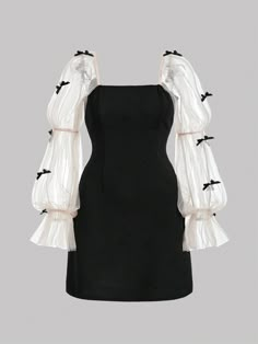 Negro Elegante Collar manga larga Tela tejida Color combinado,Liso A línea Embellished Elástico Ligero Flare Sleeve Dresses, Black Dress With Bows, Long Dresses Korean, Remake Outfits, Short A Line Dress, Kpop Dress, Yennefer Of Vengerberg, Girls Black Dress, Flare Sleeve Dress