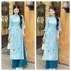 Very elegant design for Vietnamese Luna New Year Elegant Light Blue Sets For Spring, Elegant Light Blue Spring Set, Light Blue Fitted Sets For Spring, Fitted Light Blue Sets For Spring, Blue Ao Dai For Spring Formal Occasions, Formal Blue Ao Dai For Spring, Elegant Spring Maxi Sets, Elegant Maxi Length Spring Set, Elegant Spring Maxi Length Sets