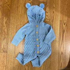 New, Perfect Condition, No Flaws. It Would Make A Perfect Baby Shower Gift Or Christmas Gift For New Baby! Cozy Long Sleeve Blue Onesie, Cute Blue Winter Onesie, Winter Knitted Long Sleeve Onesie, Blue Hooded Onesie For Winter, Blue Hooded Winter Onesie, Blue Cotton Hooded Onesie, Sweater Romper, Baby Boy Sweater, Month Colors