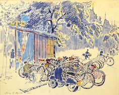 a drawing of many bicycles parked in front of a building with people standing around it