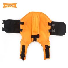 an orange life jacket with black straps on the front and back, against a white background