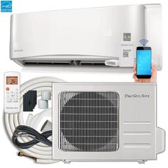 an air conditioner with a phone in front of it and the appliance