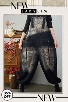 Baggy Black Pockets Patchwork Letter Print Denim Jumpsuits Spring Denim Jumpsuits, Overalls Fashion, Baggy Streetwear, Print Denim, Jumpsuits And Romper, Spring Fabric, Overalls Women, Printed Denim, Jumpsuit Fashion