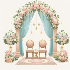 a set of two chairs sitting in front of a floral arch