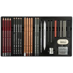 an assortment of pencils and markers in a black box