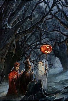 a painting of two people in the woods with a jack - o'- lantern