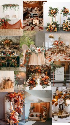 a collage of photos with orange and white flowers on the tables, chairs, and table cloths