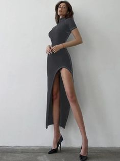 2024 Fashion Chic Asymmetrical Dark Gray Long Dress Streetwear Womens – Kira Cloth Casual Fitted Asymmetrical Midi Dress, Casual Fitted Midi Dress With Asymmetrical Hem, Fitted V-neck Asymmetrical Dress For Spring, Spring Bodycon Dress With Split Design, Casual Midi Dress With Asymmetrical Hem For Evening, Fitted Bodycon Dress With Asymmetrical Hem For Spring, Casual Midi Dress With High-low Hem For Evening, Spring Fitted Bodycon Dress With Asymmetrical Hem, Casual Maxi Dress With Asymmetrical Hem For Night Out