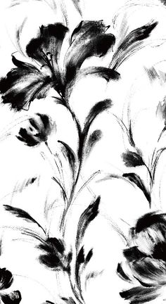 black and white painting of flowers on a white background with watercolng effect in the middle