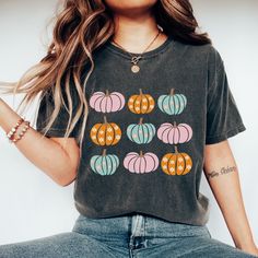 Cute Multicolor Fall T-shirt, Multicolor Short Sleeve Shirt For Fall, Multicolor Graphic Print T-shirt For Fall, Multicolor Screen Print Tops For Fall, Trendy Fall Short Sleeve Shirt, Trendy Short Sleeve Fall Shirt, Fall Custom Print Short Sleeve Tops, Fall Cotton Top With Sublimation Print, Short Sleeve T-shirt With Screen Print For Fall