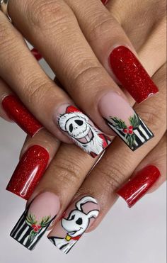 Crazy Christmas Nail Designs, Christmas Nails Red Designs, Christmas Character Nail Art, Lock Shock And Barrel Nails, Christmas Cartoon Nails, Simple Xmas Acrylic Nails, Jack Skellington Christmas Nails, Nbc Nails, Cristhmas Nails