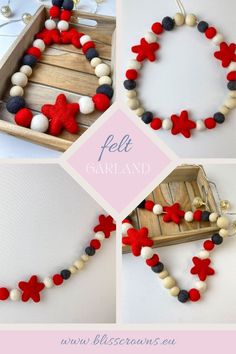 four different pictures of red, white and blue beaded necklaces with wooden beads