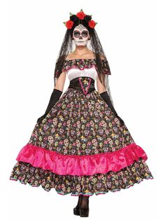 Adult Day Of Dead Spanish Lady Costume - costumes.com Spanish Fancy Dress, Day Of Dead Costume, Spanish Costume, Dead Costume, Sugar Skull Costume, Den Mrtvých, Mexican Day Of The Dead, Day Of Dead, Spanish Woman