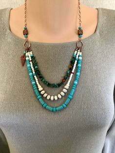 Sundance Style Turquoise and White Magnesite Multi Strand Necklace, Boho Multicolor Unique Gift Multi Strand Pearl Necklace, Sundance Style, Southwestern Boho, Jasper Pendant, Necklace Boho, Colourful Necklace, Multi Strand Necklace, Stylish Jewelry, Strand Necklace