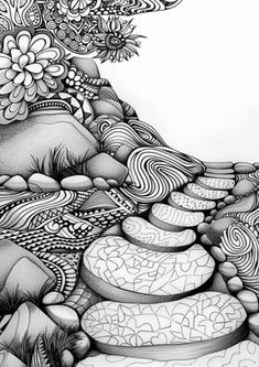 a black and white drawing of rocks and flowers