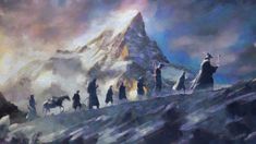 a painting of people standing on top of a mountain