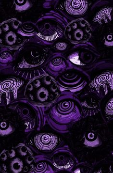 an abstract purple background with lots of black and white circles in the shape of eyeballs