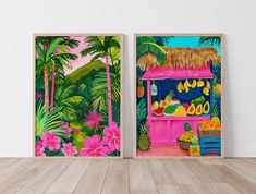 two paintings of tropical scenes on the wall in an empty room with wood flooring