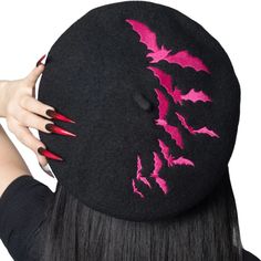 Go Batty With These Beatnik Berets! 90% Wool 10% Polyester Berets, Embroidered Deep Pink Bat Motif On Top And Front. One Size Fits Most. Great For Your Gothic Punk Closet And Halloween All Year Round! Hbbbrpk 24 Draculaura Aesthetic, Pink Beret, Pink Goth, Black Beret, Attitude Clothing, Wool Berets, Boho Fall, Beret Hat, Gaming Room