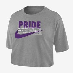 Move freely while repping your team in this Orlando Pride T-shirt. A cropped design and sweat-wicking technology give you easy comfort to help you cheer in cool comfort for 90 minutes. Nike Cropped Short Sleeve T-shirt For Sports, Purple Athleisure T-shirt For Sports, Sports Purple T-shirt With Logo Print, Purple Sports T-shirt With Logo Print, Nike T-shirt With Text Print For Sports, Sporty Moisture-wicking Crew Neck Crop Top, Moisture-wicking Sporty Crew Neck Crop Top, Moisture-wicking Crew Neck Sports Crop Top, Sporty Crew Neck Cropped Shirt