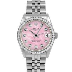 SKU#: 6827-SS-PMOP-DIA-AM-BDS-JBLPre-Owned Rolex 6827 Midsize 31mm Datejust Watch w/ Pink Mother of Pearl Diamond Dial Model#: 6827 Case: Rolex 31mm Stainless Steel Case Movement: Rolex Automatic 2030 Caliber Dial:Custom Pink Mother of Pearl Dial with Diamond Hour Markers (Not Made by Rolex) Bezel: Custom 1ct Diamond Bezel (Not Made by Rolex) Band: Rolex Stainless Steel Jubilee Band This Beautiful Watch Comes Fully Serviced, Polished, Time-Tested, Air/Water Pressure Tested with a 3 Year Warranty Wooden Watch Box, Wooden Watch, Water Pressure, Pre Owned Rolex, Watch Box, Pearl Diamond, Bezel Diamond, Beautiful Watches, Silver Watch