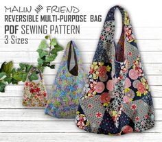 three bags with flowers on them and the text, free sewing pattern for reversible multi - purpose bag 3 sizes