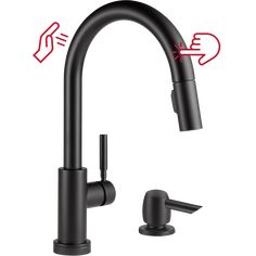 a black faucet with two red arrows pointing to the right and left side