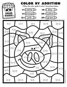 the color by addition worksheet for kids with pig face and numbers on it