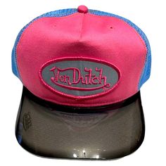 Von Dutch Uv 400 Magic Visor Hat Blue & Pink Canvas & Grey Visor Vintage Rare Retro Pink Hat With Flat Brim, Retro Pink Flat Brim Hat, Pink Retro Flat Brim Hat, Pink Flat Brim Trucker Hat For Outdoor, Pink Hats For Outdoor Spring Events, Vintage Pink Flat Brim Hat, Pink Visor Hat For Outdoor, Vintage Pink Snapback Trucker Hat, Pink Vintage Snapback Trucker Hat