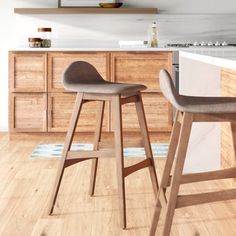 two bar stools sitting in front of a kitchen island