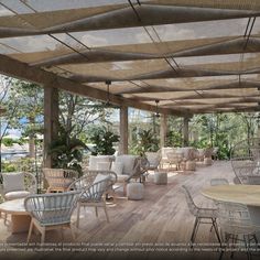 an artist's rendering of a covered patio with chairs, tables and potted plants