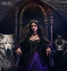 a woman in a purple dress sitting on a throne with three wolfs behind her