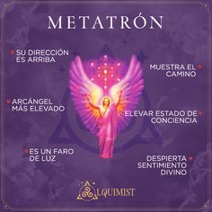 an angel with wings and the words metatron in spanish on it, above a purple background