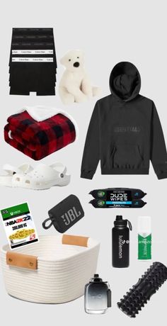 an assortment of items that include a hoodie, bag, and other items