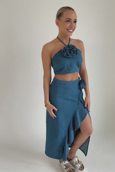 Daisy Top + Skirt Set - Denim - THELIFESTYLEDCO Shop Fitted Denim Skirt For Summer Day Out, Chic Fitted Denim Skirt For Summer, Fitted Denim Blue Skirt For Spring, Spring Denim Blue Denim Skirt, Chic Cotton Denim Skirt For Spring, Chic Summer Denim Skirt, Elegant Cotton Denim Skirt For Spring, Chic Fitted Denim Skirt, Chic Denim Blue Cotton Skirt